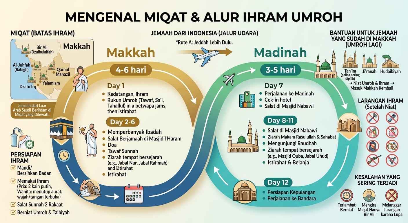 Tempat Miqat Umroh di Makkah: Panduan Lengkap untuk Jemaah Indonesia  Tempat miqat umroh di Makkah bergantung pada arah kedatangan jemaah. Jemaah dari luar Arab Saudi berihram di miqat yang mereka lewati, misalnya Bir Ali bagi yang datang dari Madinah. Bagi yang sudah berada di Makkah, ihram berlangsung dari luar batas tanah haram, dan Tan'im menjadi titik terdekat. Setiap jemaah wajib berniat umroh sebelum melewati miqat, sehingga pemahaman tentang titik ini sangat penting.  Banyak calon jemaah mendengar kata miqat saat manasik, tetapi belum membayangkan wujudnya. Sebagian mengira miqat adalah satu bangunan di Makkah. Padahal, miqat berupa beberapa titik di sekeliling tanah haram. Selain itu, jemaah Indonesia sering berihram di pesawat, sehingga tidak pernah menginjak miqat secara langsung.  Artikel ini membahas pengertian miqat, daftar lima miqat, dan tempat ihram bagi jemaah Indonesia. Lebih lanjut, kami menjelaskan miqat bagi jemaah yang ingin umroh lagi dari Makkah. Dengan begitu, Anda paham apa yang harus Anda lakukan pada setiap situasi.  Apa Itu Miqat dan Mengapa Penting?  Miqat adalah batas yang tidak boleh jemaah lewati tanpa berihram. Batas ini ada dua jenis, yaitu miqat makani dan miqat zamani. Miqat makani menunjuk tempat, sedangkan miqat zamani menunjuk waktu. Untuk umroh, hanya miqat makani yang menentukan, karena umroh boleh berlangsung sepanjang tahun.  Dalam sejarahnya, Rasulullah menetapkan beberapa miqat di sekeliling Makkah. Lalu, setiap titik melayani jemaah dari arah tertentu. Oleh sebab itu, jemaah tidak bisa memilih miqat sesuka hati, tetapi mengikuti arah perjalanan mereka.  Pentingnya miqat terletak pada niat ihram. Siapa pun yang melewati miqat tanpa berniat umroh telah meninggalkan salah satu kewajiban. Akibatnya, mereka harus membayar dam, yaitu menyembelih hewan sesuai ketentuan fikih. Karena itu, pembimbing selalu menekankan miqat dalam manasik.  Lima Miqat Makani di Sekeliling Makkah  Para ulama mencatat lima miqat makani. Berikut daftar dan arah yang masing-masing titik layani.  Dzulhulaifah atau Bir Ali. Lokasinya dekat Madinah dan melayani jemaah dari arah Madinah. Al-Juhfah. Miqat ini melayani jemaah dari arah Syam, Mesir, dan wilayah barat. Banyak ulama menyebut Rabigh sebagai wilayah yang sejajar dengannya. Qarnul Manazil. Rombongan dari arah Najd, termasuk wilayah timur Makkah, berihram di sini. Yalamlam. Wilayah selatan, termasuk Yaman, memakai miqat ini. Dzatu Irq. Rombongan dari arah Irak dan timur laut memakai miqat ini.  Sebagai catatan, jemaah yang tinggal di dalam batas miqat, seperti penduduk Jeddah, berihram dari tempat tinggal mereka. Di sisi lain, jemaah dari luar negeri tetap berihram di miqat atau di titik yang sejajar dengannya.  Miqat bagi Jemaah Indonesia  Jemaah Indonesia biasanya tiba melalui jalur udara. Untuk itu, mereka sering melewati miqat tanpa menyadarinya. Tempat ihram bergantung pada rute perjalanan.  Bila Tiba di Jeddah Lebih Dulu  Jemaah yang mendarat di Jeddah dari arah Indonesia biasanya melewati wilayah yang sejajar dengan Yalamlam. Dengan demikian, ihram berlaku saat pesawat mendekati wilayah tersebut. Pilot atau pramugari biasanya mengumumkan waktu yang tepat, dan pembimbing mengingatkan jemaah.  Sebagian besar jemaah mengenakan pakaian ihram sebelum naik pesawat atau di dalam kabin. Kemudian, mereka berniat umroh setelah pengumuman. Cara ini membantu jemaah, sebab proses berpakaian ihram di dalam pesawat cukup menyulitkan.  Sebagian orang bertanya apakah berihram di Jeddah sudah cukup. Mayoritas ulama menyatakan jemaah dari luar negeri sebaiknya berihram saat sejajar miqat, bukan setelah mendarat. Meski begitu, bila Anda ragu, tanyakan kepada pembimbing sebelum berangkat.  Bila Tiba di Madinah Lebih Dulu  Sementara itu, jemaah yang mendarat di Madinah biasanya menunda umroh hingga berpindah ke Makkah. Pada saat itu, mereka berihram di Bir Ali. Sebelumnya, jemaah mandi, memakai pakaian ihram, dan berniat umroh.  Banyak travel membawa jemaah ke Masjid Bir Ali dengan bus. Di sana, jemaah salat sunnah dan berniat. Lalu, perjalanan ke Makkah berlanjut dengan niat yang sudah terikat. Maka, jemaah harus menjaga larangan ihram sejak niat.  Miqat bagi Jemaah yang Sudah Berada di Makkah  Sebagian jemaah ingin umroh lagi selama tinggal di Makkah. Untuk umroh berikutnya, jemaah harus keluar dari batas tanah haram terlebih dahulu. Setelah itu, mereka berniat dan masuk kembali sambil berihram.  Tan'im menjadi titik yang paling sering jemaah pilih. Di sana, banyak orang mengenalnya sebagai Masjid Aisyah. Selain itu, ada pula Ji'ranah dan Hudaibiyah yang sebagian travel pilih sesuai rute perjalanan.  Namun, sebagian ulama berbeda pendapat tentang keutamaan umroh berulang dalam satu perjalanan. Sebaiknya Anda berkonsultasi dengan pembimbing sebelum memutuskan. Dengan cara ini, Anda menyesuaikan ibadah dengan kemampuan fisik dan pemahaman fikih.  Persiapan Ihram di Miqat  Perlu Anda ketahui bahwa ihram bukan sekadar mengganti pakaian. Sebab, ihram adalah niat yang membuat jemaah memasuki keadaan khusus. Oleh sebab itu, persiapkan hal berikut sebelum tiba di miqat.  Mandi dan membersihkan badan. Jemaah mandi seperti mandi junub, dan sunnah memakai wewangian pada badan sebelum niat. Memakai pakaian ihram. Laki-laki memakai dua helai kain putih tanpa jahitan. Perempuan memakai pakaian yang menutup aurat dan tidak menutup wajah serta telapak tangan. Salat sunnah. Banyak jemaah salat dua rakaat sebelum berniat, bila waktunya memungkinkan. Berniat umroh. Jemaah mengucapkan niat umroh dan melanjutkan dengan talbiyah.  Setelah niat, jemaah harus menjaga larangan ihram. Larangan itu mencakup memotong rambut dan kuku, memakai wewangian, dan menutup kepala bagi laki-laki. Lebih lanjut, jemaah tidak boleh berburu, menikah, atau berhubungan suami istri. Untuk rinciannya, pembimbing akan menjelaskan detail setiap larangan saat manasik.  Kesalahan yang Sering Terjadi di Miqat  Sayangnya, beberapa kesalahan berulang setiap musim. Kabar baiknya, jemaah mudah menghindari semuanya dengan persiapan yang tepat.  Terlambat Berniat di Pesawat  Misalnya, sebagian jemaah baru berniat setelah pesawat melewati miqat. Padahal, niat harus terucap sebelum atau saat sejajar. Oleh karena itu, tanyakan kepada pembimbing kapan waktu niat terbaik dan siapkan pakaian lebih awal.  Mengira Miqat Hanya Satu Tempat  Sebagian orang mengira semua jemaah berihram di Bir Ali. Padahal, jemaah dari Jakarta yang langsung ke Jeddah tidak melewati Bir Ali sama sekali. Jadi, pahami rute perjalanan Anda sejak awal.  Melanggar Larangan Ihram karena Lupa  Beberapa jemaah tanpa sadar memakai wewangian atau memotong kuku setelah niat. Akibatnya, mereka mungkin harus membayar fidyah atau dam. Untuk itu, bacalah daftar larangan ihram sebelum berangkat dan bawa catatan kecil.  Contoh Alur Ihram di Pesawat dari Indonesia  Berikut gambaran alur yang umum pada penerbangan menuju Jeddah. Pertama, jemaah mandi di rumah atau hotel transit. Kemudian, jemaah mengenakan pakaian ihram sebelum naik pesawat. Selanjutnya, jemaah menjaga larangan ihram sambil menunggu pengumuman. Sementara itu, pembimbing memantau jalur penerbangan dan menyebut perkiraan waktu miqat. Setelah itu, awak pesawat biasanya mengumumkan bahwa pesawat mendekati wilayah miqat. Lalu, jemaah berniat umroh dan membaca talbiyah. Akhirnya, jemaah melanjutkan talbiyah hingga tiba di Makkah.  Tentu, urutan ini bisa berbeda bagi jemaah yang transit di kota lain. Misalnya, jemaah yang transit di Dubai memakai pola serupa pada penerbangan terakhir. Namun, pembimbing akan memberi arahan sesuai jadwal. Oleh karena itu, ikuti petunjuk mereka dan hindari berniat tanpa arahan yang jelas.  Perbedaan Cara Berihram bagi Laki-laki dan Perempuan  Ketentuan ihram berbeda antara laki-laki dan perempuan. Pertama, laki-laki mengenakan dua helai kain putih tanpa jahitan, dan tidak menutup kepala. Sebaliknya, perempuan boleh memakai pakaian biasa yang menutup aurat. Meski begitu, perempuan tidak menutup wajah dan telapak tangan selama berihram.  Di samping itu, laki-laki perlu memperhatikan alas kaki. Sandal yang tidak menutup mata kaki lebih sesuai. Di sisi lain, perempuan perlu menyiapkan jilbab yang nyaman dan tidak menutup wajah. Dengan persiapan ini, jemaah tidak perlu membongkar koper di tengah perjalanan.  Hikmah di Balik Aturan Miqat  Aturan miqat mengandung hikmah yang dalam. Pertama, miqat menanamkan ketertiban, sebab semua jemaah masuk ke tanah haram dengan cara yang sama. Kedua, pakaian ihram menghapus perbedaan status. Pejabat dan petani berdiri dengan kain yang sama. Akibatnya, jemaah merasakan kesetaraan di hadapan Allah.  Lebih dari itu, miqat memberi jeda batin sebelum memasuki kota suci. Jemaah berhenti sejenak, membersihkan diri, dan memperbarui niat. Dengan cara ini, hati menjadi lebih siap menyambut tawaf pertama.  Tips Praktis agar Ihram Berjalan Lancar  Memang, persiapan kecil menghemat banyak kebingungan. Berikut tips yang bisa Anda terapkan.  Tanyakan jadwal pesawat dan perkiraan waktu miqat kepada pembimbing. Bawa peniti atau sabuk khusus untuk merapikan kain ihram. Pakai alas kaki yang tidak menutup mata kaki bagi laki-laki. Siapkan pakaian ganti ringan bagi jemaah perempuan di tas kabin. Simpan catatan niat dan talbiyah di ponsel atau buku kecil. Hindari memakai wewangian pada pakaian setelah niat.  Dalam praktiknya, jemaah lanjut usia sebaiknya menyiapkan pakaian ihram lebih awal. Tak hanya itu, mintalah bantuan keluarga atau pendamping bila pakaian sulit mereka kenakan. Persiapan ini membuat jemaah tenang saat waktu niat tiba.  Perlengkapan Ihram yang Perlu Anda Siapkan  Perlengkapan ihram sederhana, tetapi persiapannya perlu cermat. Pertama, siapkan dua set kain ihram bagi laki-laki, supaya ada cadangan bila satu set kotor. Kedua, bawa sabuk ihram agar kain tetap rapi saat bergerak. Ketiga, sediakan tas kecil untuk menyimpan paspor, visa, dan uang tunai.  Di samping itu, bawa sabun dan sampo tanpa wewangian. Sebab, produk beraroma dapat membuat jemaah melanggar larangan ihram tanpa sengaja. Tak hanya itu, periksa label pasta gigi, losion, dan tisu basah sebelum berangkat. Tentu, pembimbing membantu menjelaskan produk yang aman Anda pakai.  Sebagai pengingat, tulis daftar perlengkapan di ponsel dan centang satu per satu. Dengan begitu, Anda tidak meninggalkan barang penting di rumah. Alhasil, perjalanan menuju miqat terasa lebih ringan dan tenang.  Pertanyaan yang Sering Muncul Apakah niat umroh harus saya ucapkan keras-keras?  Niat berada di hati. Banyak jemaah juga mengucapkannya dengan lisan, yaitu menyebut umroh lalu membaca talbiyah. Ucapan itu tidak harus keras, dan pembimbing akan memberi contoh saat manasik.  Apa yang terjadi bila saya melewati miqat tanpa berihram?  Pada umumnya, jemaah yang melewati miqat tanpa niat umroh kembali ke miqat untuk berihram. Bila tidak memungkinkan, banyak ulama mewajibkan dam. Konsultasikan kondisi Anda kepada pembimbing agar keputusan sesuai fikih.  Apakah miqat sama untuk umroh dan haji?  Miqat makani sama untuk umroh dan haji. Perbedaan terletak pada miqat zamani, yang hanya berlaku untuk haji. Jadi, umroh bisa jemaah lakukan sepanjang tahun.  Apakah perempuan haid boleh berihram di miqat?  Boleh. Perempuan haid tetap berniat ihram dan membaca talbiyah, tetapi menunda tawaf sampai suci. Pembimbing biasanya mengatur jadwal agar ibadah tetap berjalan.  Kesimpulan: Kenali Miqat agar Niat Umroh Anda Tepat  Jadi, tempat miqat umroh di Makkah bergantung pada arah kedatangan Anda. Jemaah dari Madinah berihram di Bir Ali. Adapun jemaah dari Jeddah, mereka berihram saat sejajar miqat. Adapun yang sudah di Makkah, mereka berihram dari Tan'im atau titik lain di luar tanah haram. Pahami rute Anda dan tanyakan waktu niat kepada pembimbing.  Bila Anda ingin melihat rute, jadwal, dan pendampingan manasik yang tersedia, silakan buka daftar paket umroh dari Lampung. Tim kami senang menjawab pertanyaan Anda, tanpa tekanan, kapan pun Anda siap. Semoga pemahaman tentang tempat miqat umroh di Makkah membuat ibadah Anda lebih tenang dan penuh berkah.